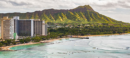 Waikiki beach and Honolulu city with Diamond Head mountain
